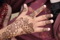 Image of hand painted on henna mehendi tattoo. Indian Mehendi celebration. Henna application and rituals. Indian bride and Royalty Free Stock Photo