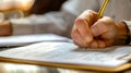 An image of a hand writing notes on a legal pad while looking at a copy of a propertys survey during a title search Royalty Free Stock Photo