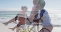 Image of happy african american couple with bikes over seascape