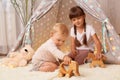 Image of happy children sitting in wigwam on soft carpet, little girl with braids playing with wooden toys together with her baby Royalty Free Stock Photo