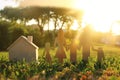 Image of happy family concept. wooden cut people holding hands together next to home in green grass during sunset.