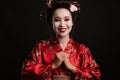 Image of happy geisha woman in traditional japanese kimono smiling Royalty Free Stock Photo