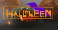 Image of happy halloween text with bat and spider over carved pumpkins Royalty Free Stock Photo