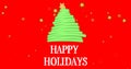 Image of happy holidays text with bendy christmas tree and gold stars on red background