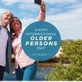 Image of happy international older persons day over happy caucasian senior couple