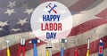 Image of happy labor day text and tools, over american flag and cityscape Royalty Free Stock Photo