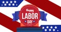 Image of happy labour day text and siren light over red, white and blue american flag elements