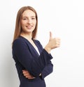 Image of happy smiling business woman showing ok hand sign over