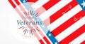 Image of happy veterans day over background in colours of flag of usa