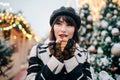 Image of happy woman on walk on street Royalty Free Stock Photo