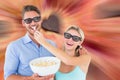 Image of happy young couple wearing 3d glasses eating popcorn Royalty Free Stock Photo