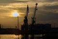 Harbor cranes at sunset Royalty Free Stock Photo