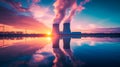An image of harmony between the power industry and nature. Clean energy concept, nuclear power plant in the early morning.