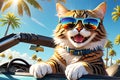 Sunshine Purrfection: Ecstatic Feline Adorned with Reflective Sunglasses, Seated in the Front Passenger Seat of a Convertible