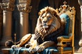 Majestic Lionheart: Humanoid Lion Draped in Regal Attire, Reclining Majestically upon an Ornate Throne, Crown Perched Atop