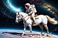 A Horse Playfully Galloping Atop an Astronaut\'s Helmet, Both Floating in the Vacuum of Space Surrounded by Cosmic Beauty