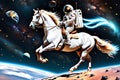 An astronaut riding horse in space , white horse in planets