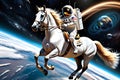 A Horse Playfully Galloping Atop an Astronaut\'s Helmet, Both Floating in the Vacuum of Space Surrounded by Cosmic Beauty