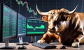 Bull made up of metallic material doing trading on the computer bitcoin divergence