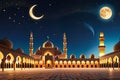 Crescent Moon Shimmering Above an Ancient Mosque\'s Silhouette: Its Minaret Casting a Long Shadow on Timeless Grounds