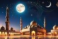 Crescent Moon Shimmering Above an Ancient Mosque\'s Silhouette: Its Minaret Casting a Long Shadow on Timeless Grounds