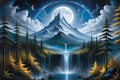 Lonely Mountain - Center of the Composition Under a Fantasy Starlit Sky, Cascading Waterfalls Emanating Tranquility