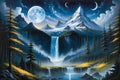 Lonely Mountain - Center of the Composition Under a Fantasy Starlit Sky, Cascading Waterfalls Emanating Tranquility