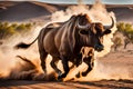 Charging Bull Captured in Mid-Motion: Muscles Taut and Nostrils Flared, Sparse Dust Clouds Swirling