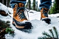 Macro Photography of Hiker\'s Boots Mid-Stride - Sinking into Pristine Deep Snow, Flurries Sticking to Soles Royalty Free Stock Photo