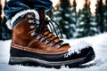 Macro Photography of Hiker\'s Boots Mid-Stride - Sinking into Pristine Deep Snow, Flurries Sticking to Soles Royalty Free Stock Photo