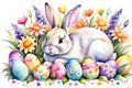watercolor illustration of Easter bunny nestled among blooming flowers, surrounded by a scattered array of colorful eggs