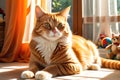 An Orange Tabby Cat Lounges in a Sunbeam That Filters Through a Sheer Curtain, Dappling Its Fur in Warm Glow