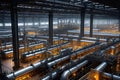 Ammonia Production Workshop: Sprawling Over a Vast Area, Intricate Network of Steel Pipes, Valves, and Equipment