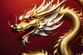 Mystic Dragon Dance: Chinese Dragon with Shimmering Golden Scales Coils Around Invisible Text, Red Background Fades to Deep