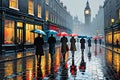 London Street Bathed in Rain - Umbrellas Dotting the Scene, Abstract Expressionism Blend of Vibrant Colors Royalty Free Stock Photo