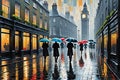 London Street Bathed in Rain - Umbrellas Dotting the Scene, Abstract Expressionism Blend of Vibrant Colors Royalty Free Stock Photo