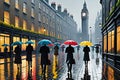 London Street Bathed in Rain - Umbrellas Dotting the Scene, Abstract Expressionism Blend of Vibrant Colors Royalty Free Stock Photo