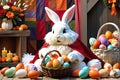 Easter Bunny Dressed in a Patchwork of Different Festive Costumes: Half Embodying the Playful Innocence of Various Celebrations