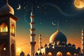 Crescent Moon Dangling Delicately Above a Mosque\'s Minaret During Ramadan: Twinkling Stars, Warm Glow Royalty Free Stock Photo