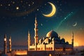 Crescent Moon Dangling Delicately Above a Mosque\'s Minaret During Ramadan: Twinkling Stars, Warm Glow Royalty Free Stock Photo