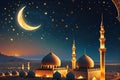 Crescent Moon Dangling Delicately Above a Mosque\'s Minaret During Ramadan: Twinkling Stars, Warm Glow Royalty Free Stock Photo