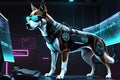 Tech Canine Command: Cybernetic Canine Mounted in Front of a Sleek Workstation with Multiple Glowing Screens, Typing Vigorously