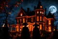 Jack-o\'-Lanterns Casting Eerie Shadows on an Old Victorian Mansion Overgrown with Ivy Under a Full Moon