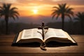 Divine Illumination: Open Bible Script in Blur with Focus on Cross in Sunset View