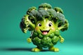 A Single Cute Broccoli as a 3D Rendered Character Over Solid Color Background Having Emotions