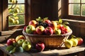 Basket of Assorted Organic Fruits Placed on a Rustic Wooden Table - Sunlight Filtering Through a Nearby Window Royalty Free Stock Photo