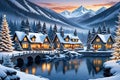 snowy winter village during Christmas, quaint cottages capped with fresh snowfall, twinkling festive charm