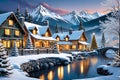 snowy winter village during Christmas, quaint cottages capped with fresh snowfall, twinkling festive charm