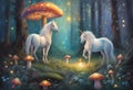 Oil Painting of an Enchanted Forest: Glowing Mushrooms and Mythical Unicorn Horse