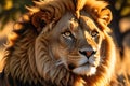 Majestic Lion Close-Up Portrait - Mane Detail Highlighted by the Last Rays of the Setting Sun, Amber Glow Royalty Free Stock Photo